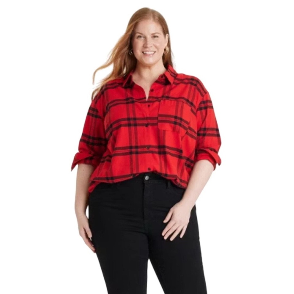Plus size Ava &Viv Red Plaid flannel long sleeve botton Down shirt size 3X. New